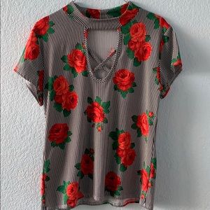 Red rose blouse black and white stripes